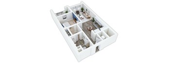 A 3D floor plan of a house with a living room, kitchen, dining room, and two bedrooms.